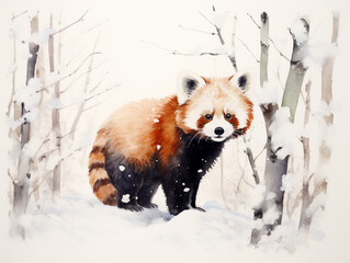 A Minimal Watercolor of a Red Panda in a Winter Setting