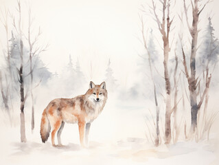 Naklejka premium A Minimal Watercolor of a Wolf in a Winter Setting