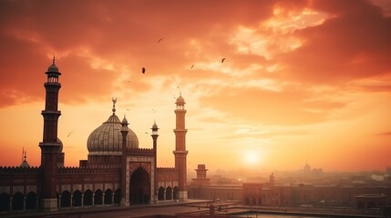 Pakistan's Badshahi Mosque: A Serene Evening against a Palette of Warm Clouds - obrazy, fototapety, plakaty