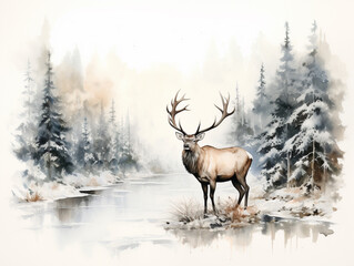 A Minimal Watercolor of an Elk in a Winter Setting