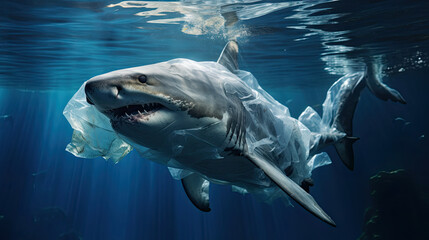 shark with transparent plastic bag swimming underwater representing concept of environmental pollution 