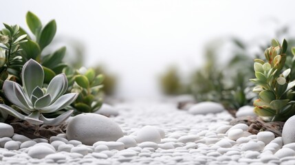 A garden with succulent plants and white pebbles. This image shows a variety of succulent plants and cacti with thick leaves and green colors. The plants are in focus and the background is blurred.