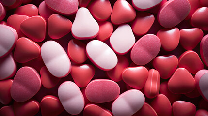 close up of pills,heart shaped pills, red white pills background, sugar heart 3d