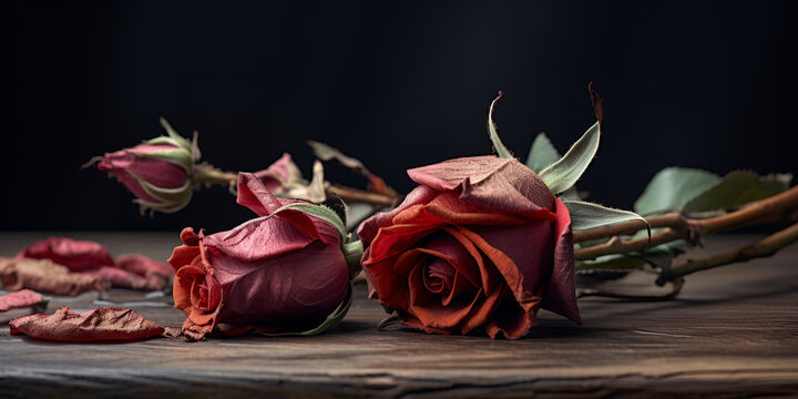 Dried red rose on wooden background with vintage style broken hearted Withered rose on dark gray background and wooden table with fall petals and leaves Ai Generative