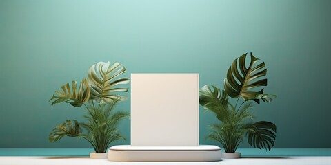 Sleek white square podium designed for showcasing cosmetic products, set against a leaf shadowed backdrop, offering an elegant and natural presentation platform