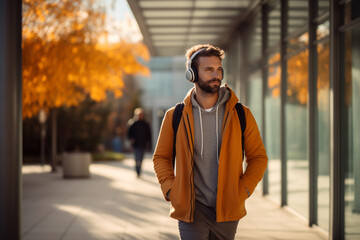 Lifestyle, hobbies and leisure, technology concept. Gorgeous man with headphones walking in park during autumn and listening music. Sunny fall day - obrazy, fototapety, plakaty