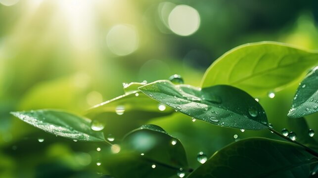 A stunning, large morning dewdrop in a natural setting, with selective focus on the water droplet. The image features clear, transparent water droplets on leaves, catching the sun's glare.