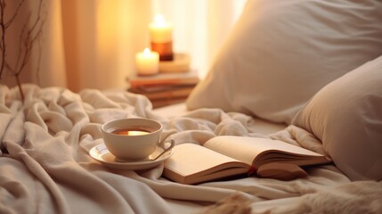 A light and cozy bedroom adorned with a coffee or tea cup and an open book resting on the bed, creating a serene and inviting atmosphere