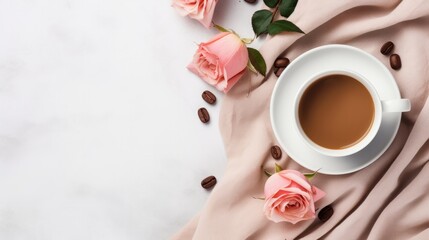 A morning cup of coffee accompanied by beautiful roses on a light background, captured from a top view perspective. This composition represents a cozy breakfast and is presented in a flat lay style