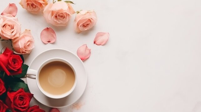 A morning cup of coffee accompanied by beautiful roses on a light background, captured from a top view perspective. This composition represents a cozy breakfast and is presented in a flat lay style