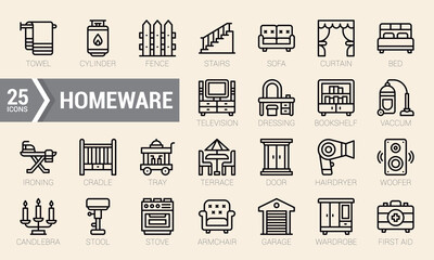 Set Of Homeware. Lineal Icons Pack. Vector Illustration.
