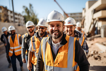A diverse team of specialists wearing white helmets collaboratively taking and walking in a construction site, promoting inclusivity,