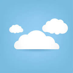 Set of white Clouds on bright blue color. Abstract white cloudy cartoon element of white cloud isolated on blue background. Vector illustration
