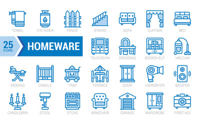 Set Of Homeware. Outline Colour Blue Icons Pack. Vector Illustration.