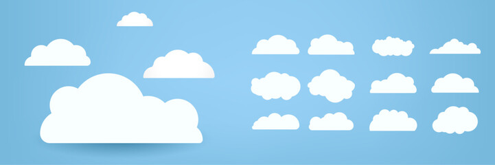 white clouds Group, set of white clouds collection elements, clouds, severial different styles clouds caroon style, in a flat design