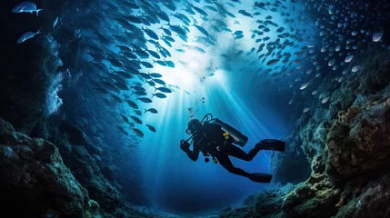 Foto op Aluminium scuba driver underwater with fish ,  undersea life wonders around them ,A scuba driver in a special dress exploring the underwater riffs of the blue ocean © Planetz