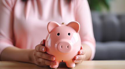 young woman holding pink  piggy bank on pink background, saving money