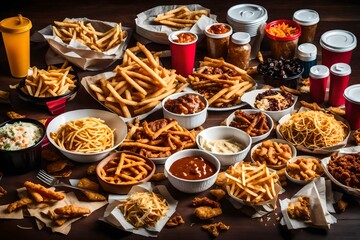 A collage of unhealthy fast food snacks piled high on a messy dining table, crumpled wrappers and empty containers scattered around