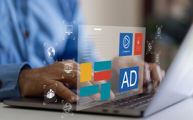 Human use laptop with web advertising analysis, ad, online content, freelance, sale, promote,...