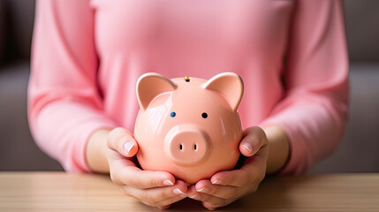 Obraz na płótnie Canvas young woman holding pink piggy bank on pink background, saving money
