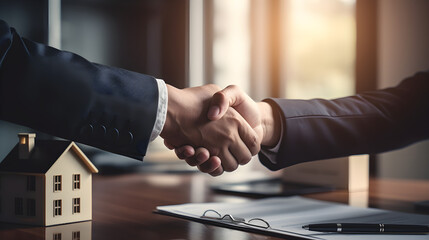 Real estate agent broker and client shaking hands to close contract for renting or selling house, - obrazy, fototapety, plakaty
