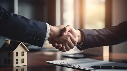 Fotobehang Real estate agent broker and client shaking hands to close contract for renting or selling house, © NE97