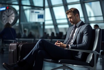 Man in business suit sitting on bench at airport waiting for flight schedule