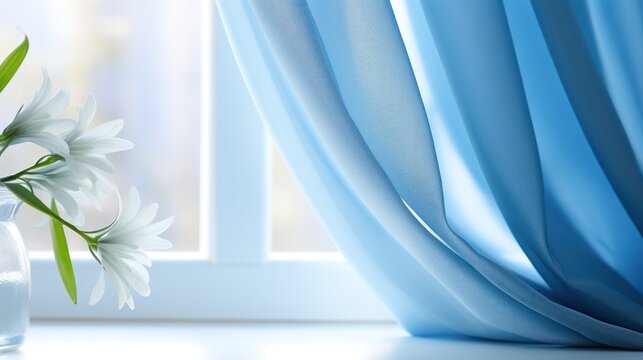 Blue curtains elegantly frame the window
