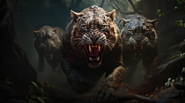 Sabertooth cats stalk their prey in mysterious jungles