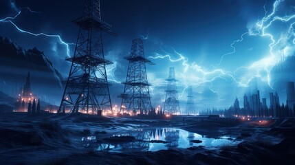Towers of energy, electric towers stand majestic, distributing power far and wide - obrazy, fototapety, plakaty