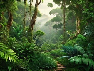 Verdant jungle with fog and trees
