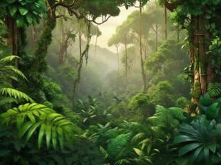 Verdant jungle with fog and trees
