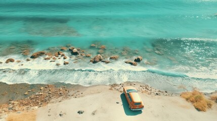 Fototapeta na wymiar Car glides along, basking in the beach sunlight