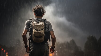 Obraz premium The runner pushes forward, braving the oncoming storm