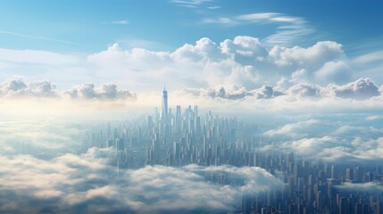 Fototapeta premium Skyscrapers reach for the heavens, touching the clouded sky