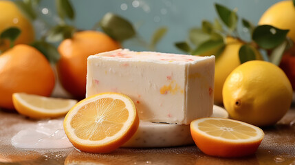 Citrus orange handmade soap with fresh fruit is a place to copy. - obrazy, fototapety, plakaty