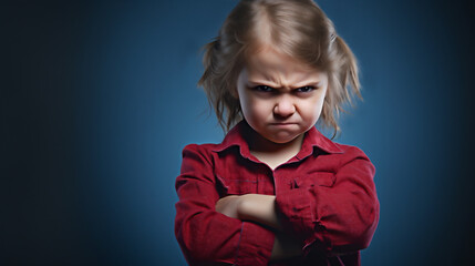 Studio portrait of a very angry and petulant child in a red shirt. Arms folded. Exaggerating and feigning anger.