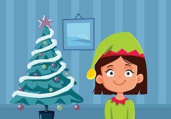 Little Girl Dressed Like an Elf Celebrating Christmas Vector Illustration. Cute child wearing an Xmas costume for a party 
