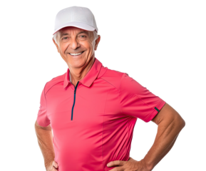 Smiling elderly man wearing cap and sport t-shirt isolated on transparent background