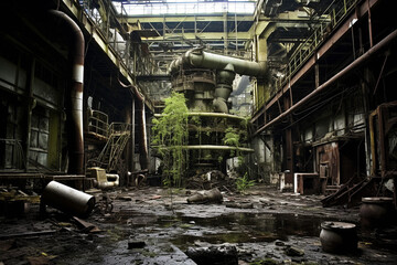 巨大なプラント設備を有する工場の廃墟