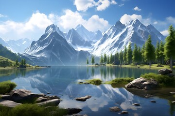 A tranquil morning by a mountain lake.
