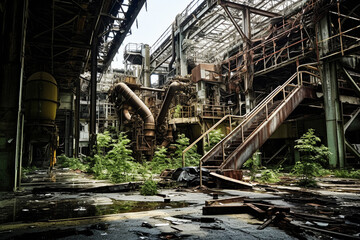 巨大なプラント設備を有する工場の廃墟 - obrazy, fototapety, plakaty