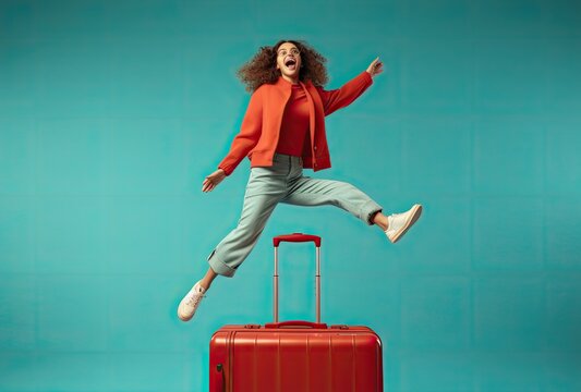 young woman with suitcase, travel concept