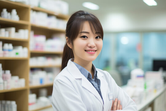ドラッグストアで働く笑顔の女性薬剤師