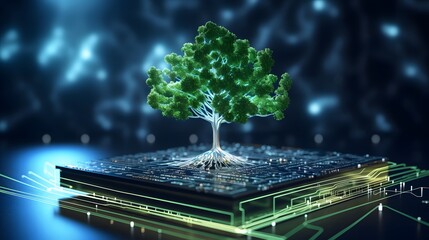 Tree growing on the converging point of a computer circuit.
