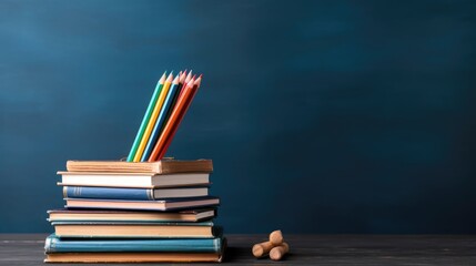 stack of books and color pencils with chalkboard texture background