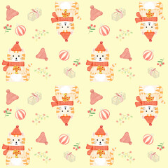 seamless pattern with orange cat and toys