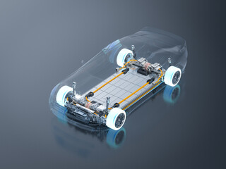 Electric car battery with pack of battery cells module on platform