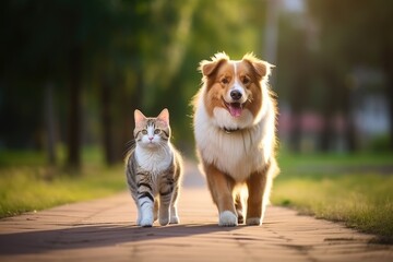 Furry friends cat and dog walking. Generative AI