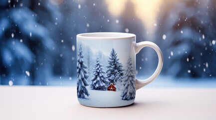 Fototapeta premium Decorated christmas coffee mug with winter forest landscape and snow. Generative AI
